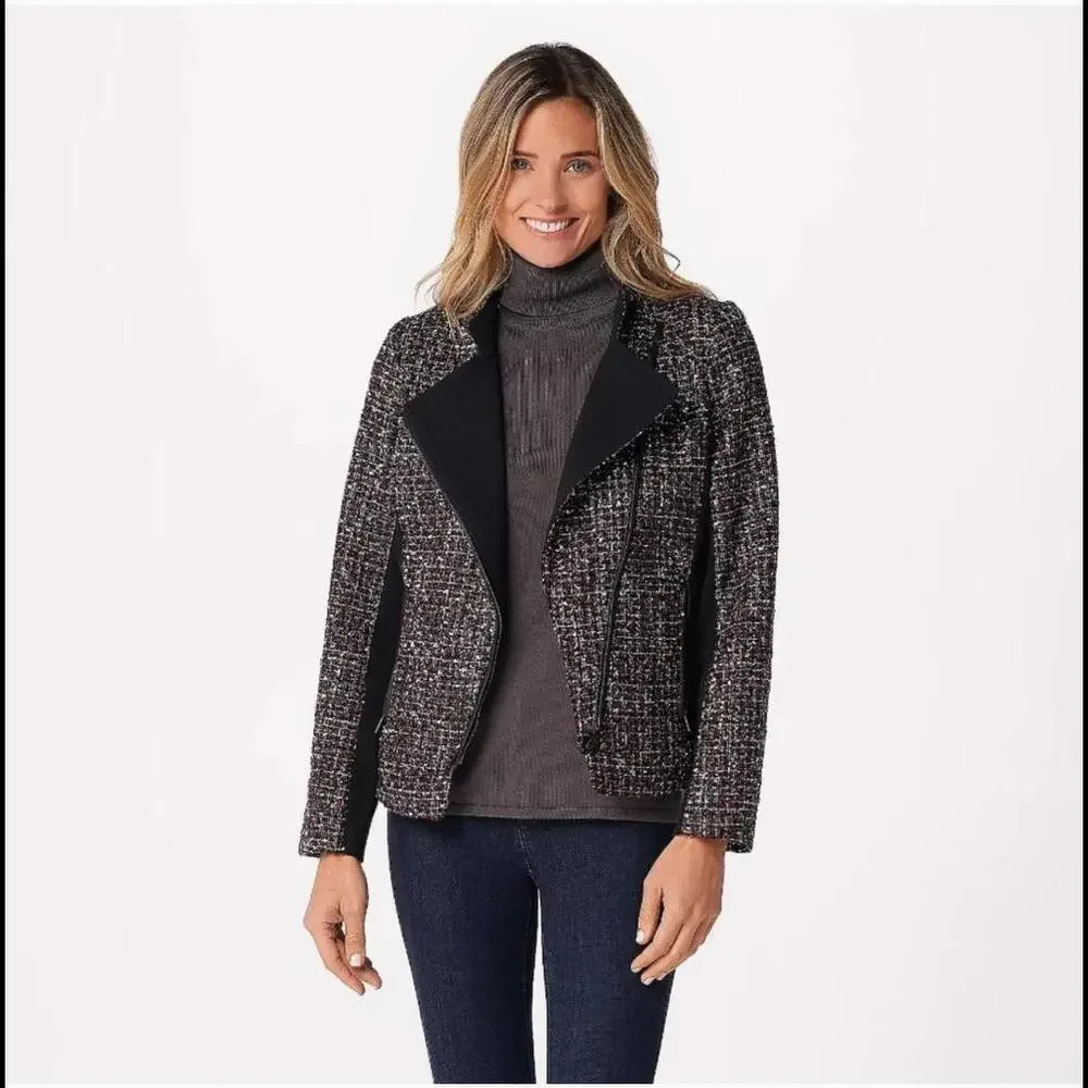 NEW Dennis Basso Women's Tweed Motorcycle Jacket w/ Side Panels Size 12